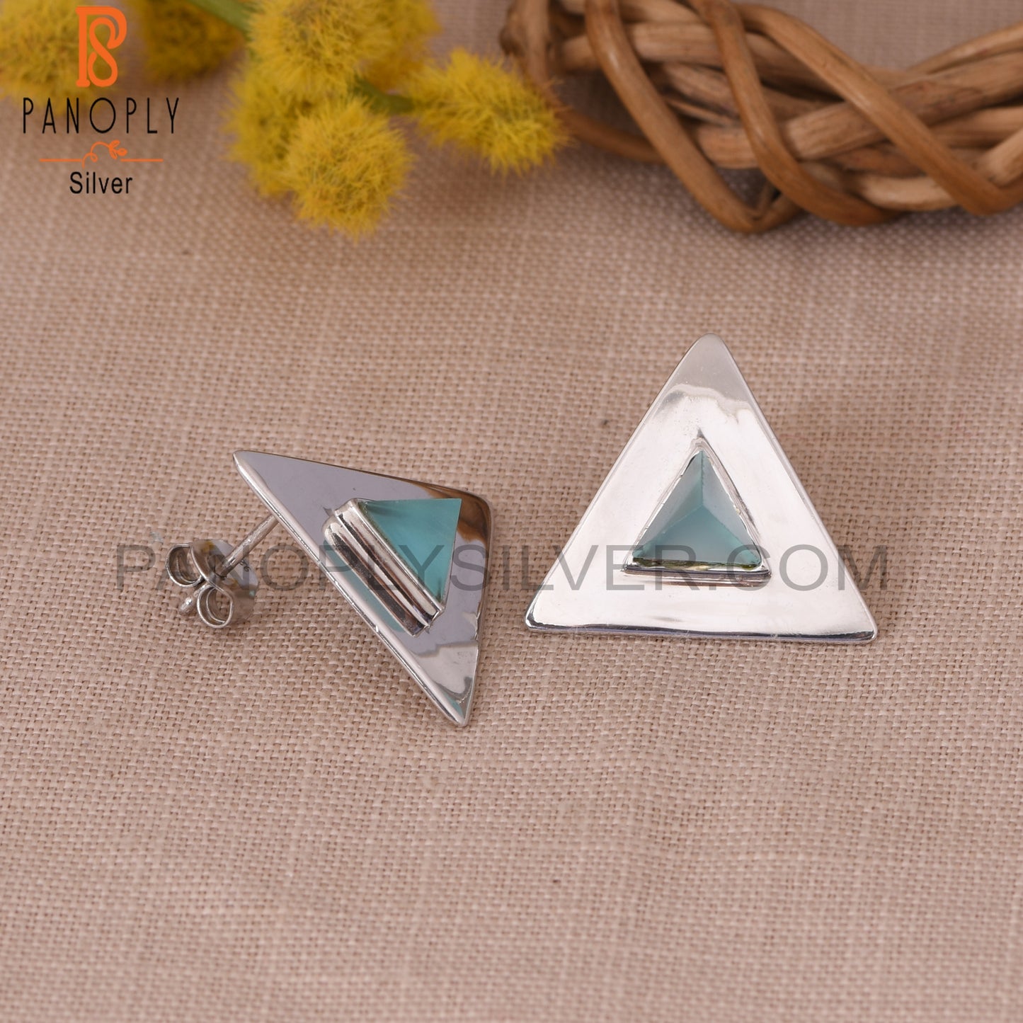 Triangle 925 Silver Blue Chalcedony Pyramid Stud Earring
