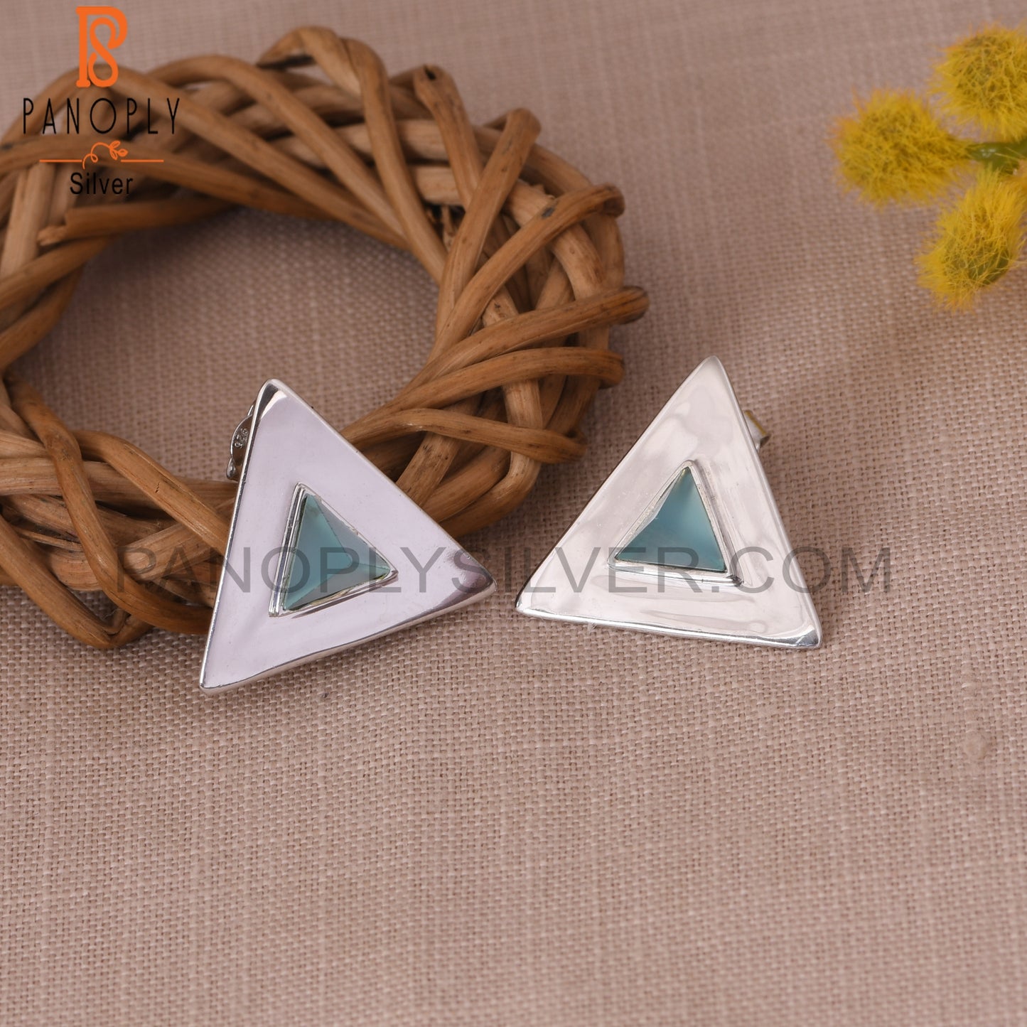 Triangle 925 Silver Blue Chalcedony Pyramid Stud Earring