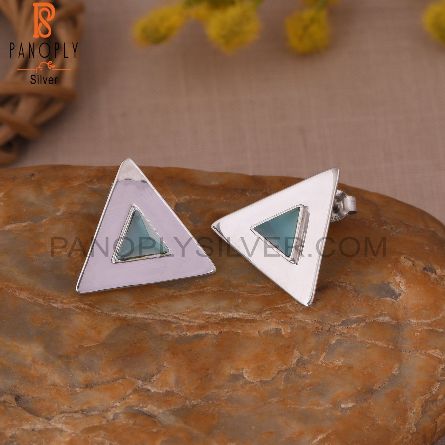 Triangle 925 Silver Blue Chalcedony Pyramid Stud Earring