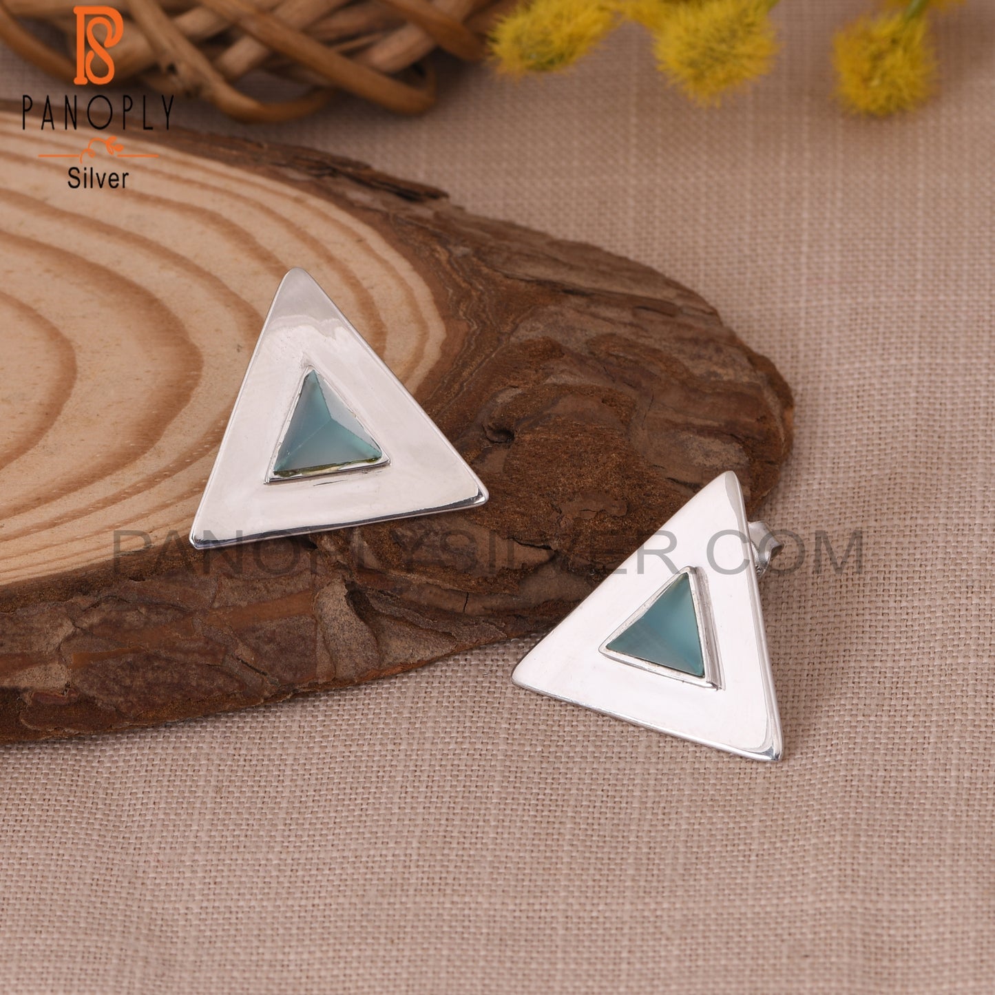 Triangle 925 Silver Blue Chalcedony Pyramid Stud Earring