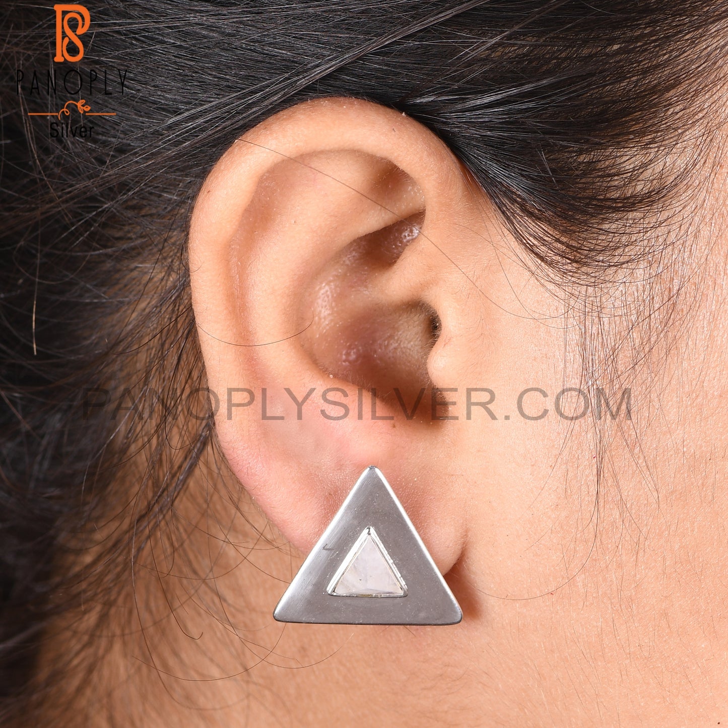 925 Silver Rainbow Moonstone Triangular Charm Earring