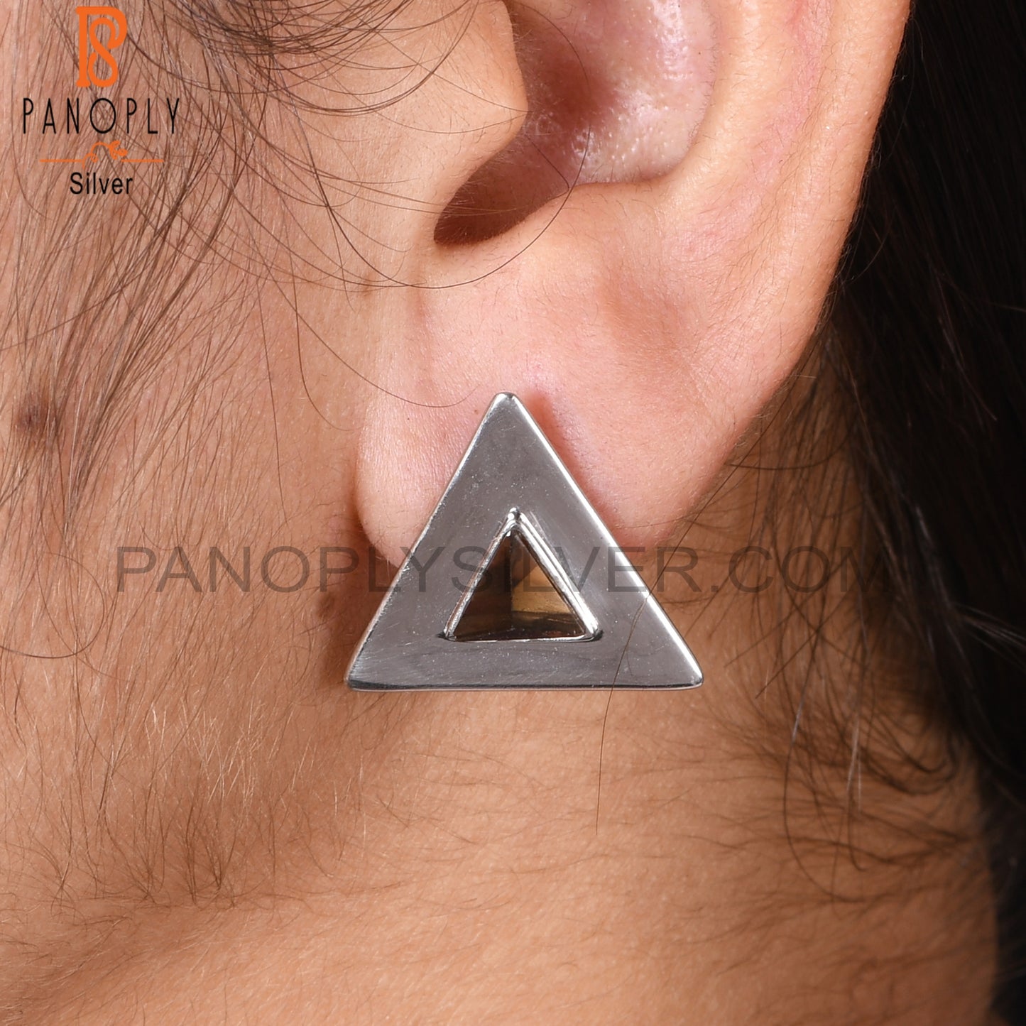 925 Sterling Silver Triangle Design Smoky Gemstone Stud Earring
