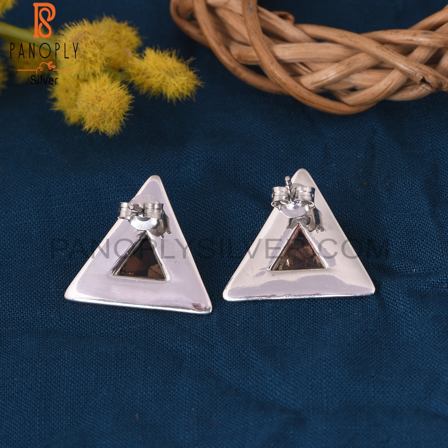 925 Sterling Silver Triangle Design Smoky Gemstone Stud Earring