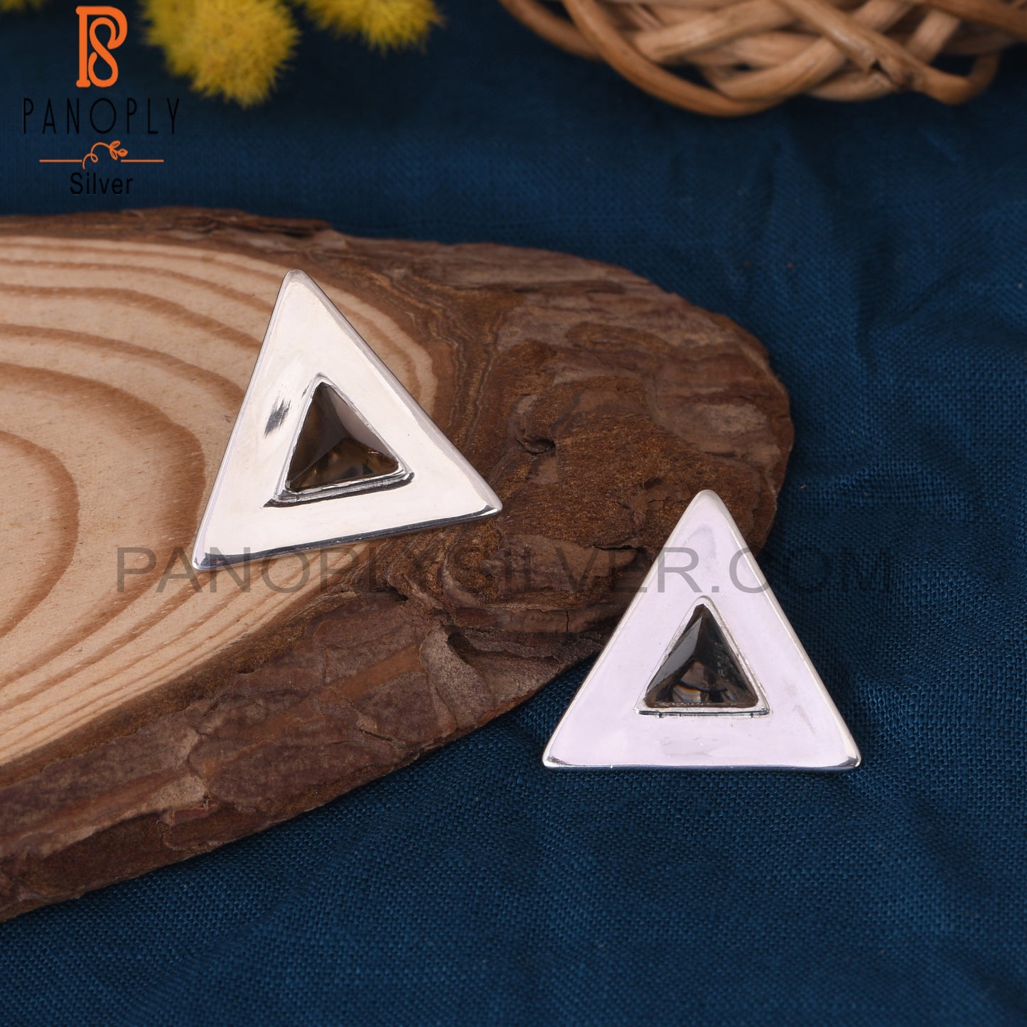 925 Sterling Silver Triangle Design Smoky Gemstone Stud Earring