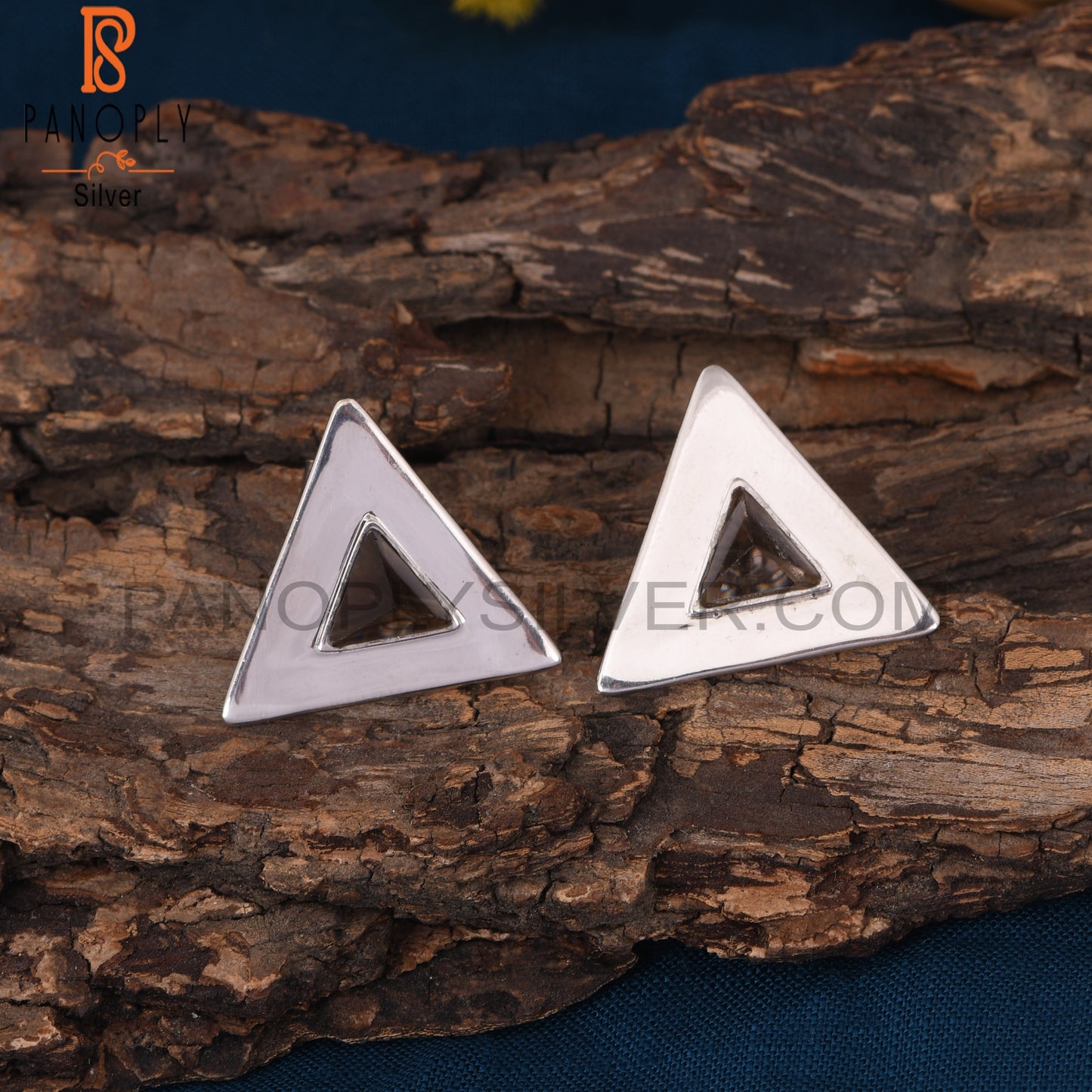 925 Sterling Silver Triangle Design Smoky Gemstone Stud Earring