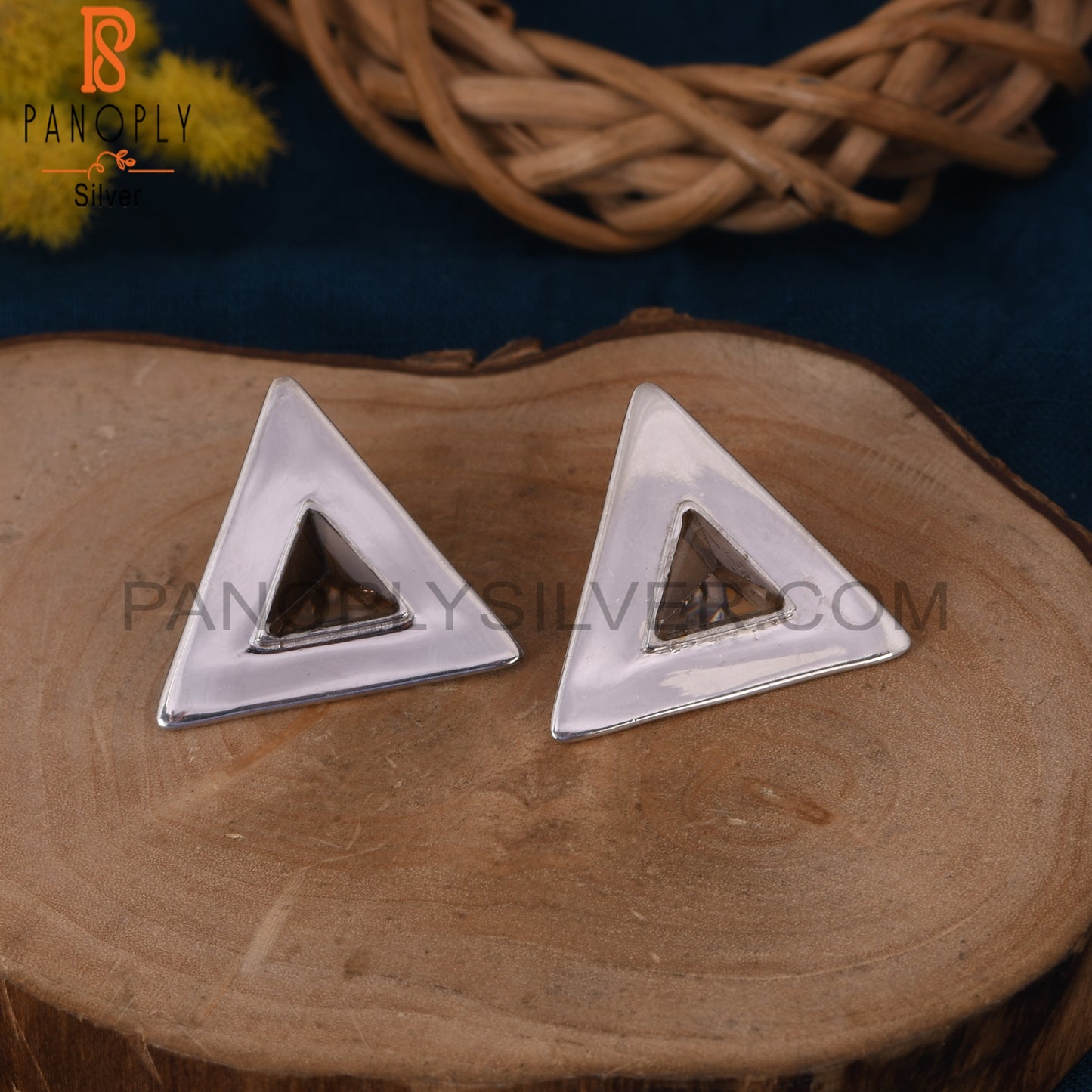 925 Sterling Silver Triangle Design Smoky Gemstone Stud Earring