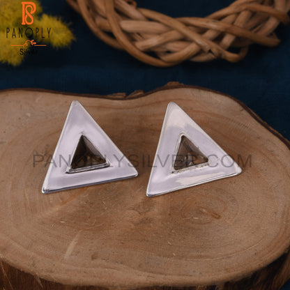 925 Sterling Silver Triangle Design Smoky Gemstone Stud Earring