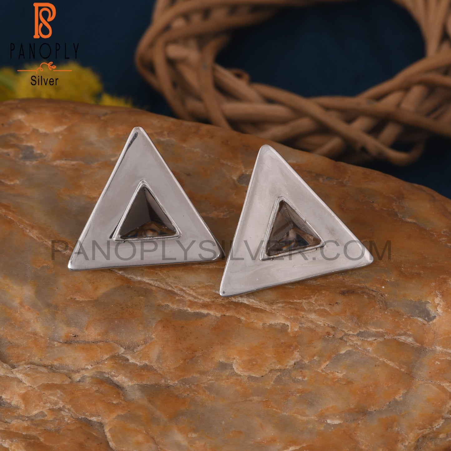 925 Sterling Silver Triangle Design Smoky Gemstone Stud Earring