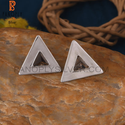925 Sterling Silver Triangle Design Smoky Gemstone Stud Earring