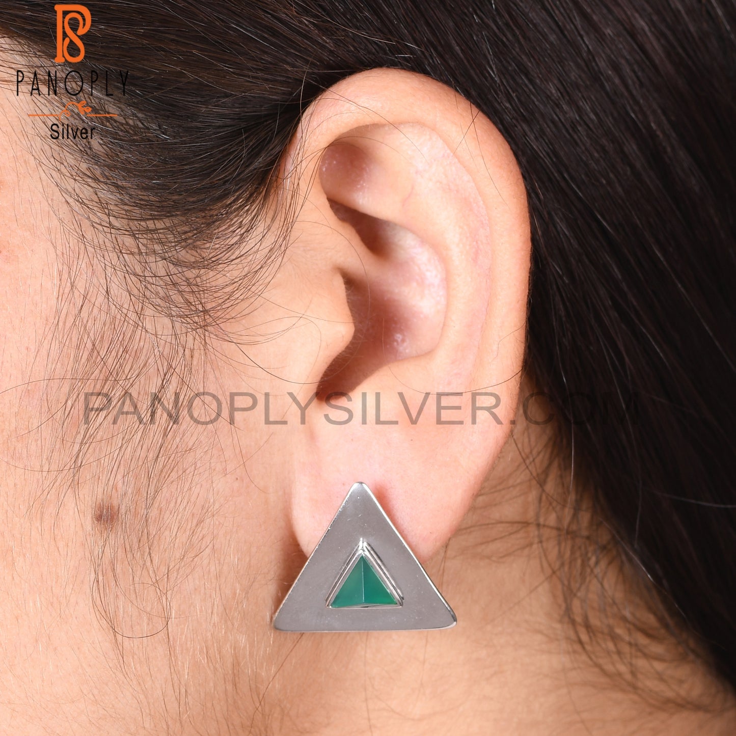 Green Onyx Gem 925 Sterling Silver Triangular Stud Earrings