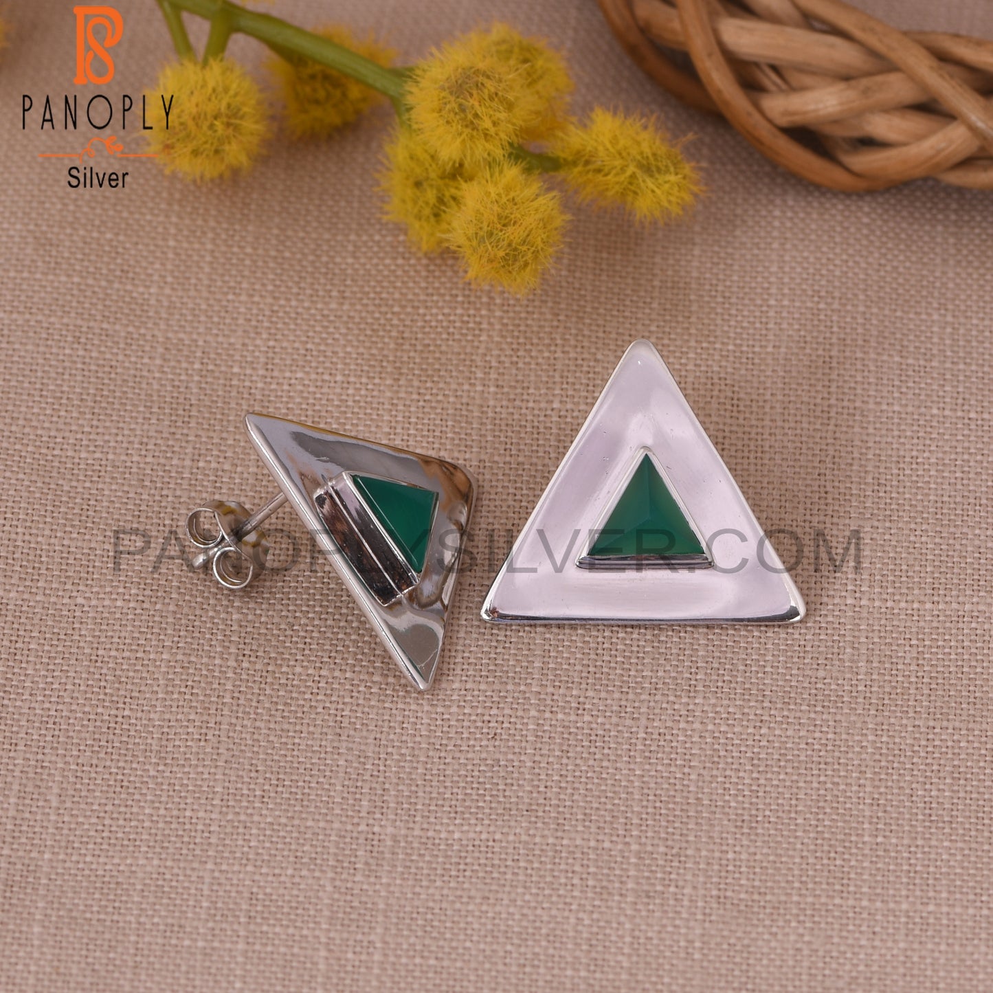 Green Onyx Gem 925 Sterling Silver Triangular Stud Earrings