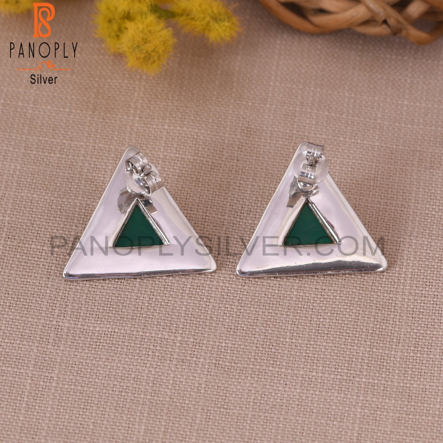 Green Onyx Gem 925 Sterling Silver Triangular Stud Earrings