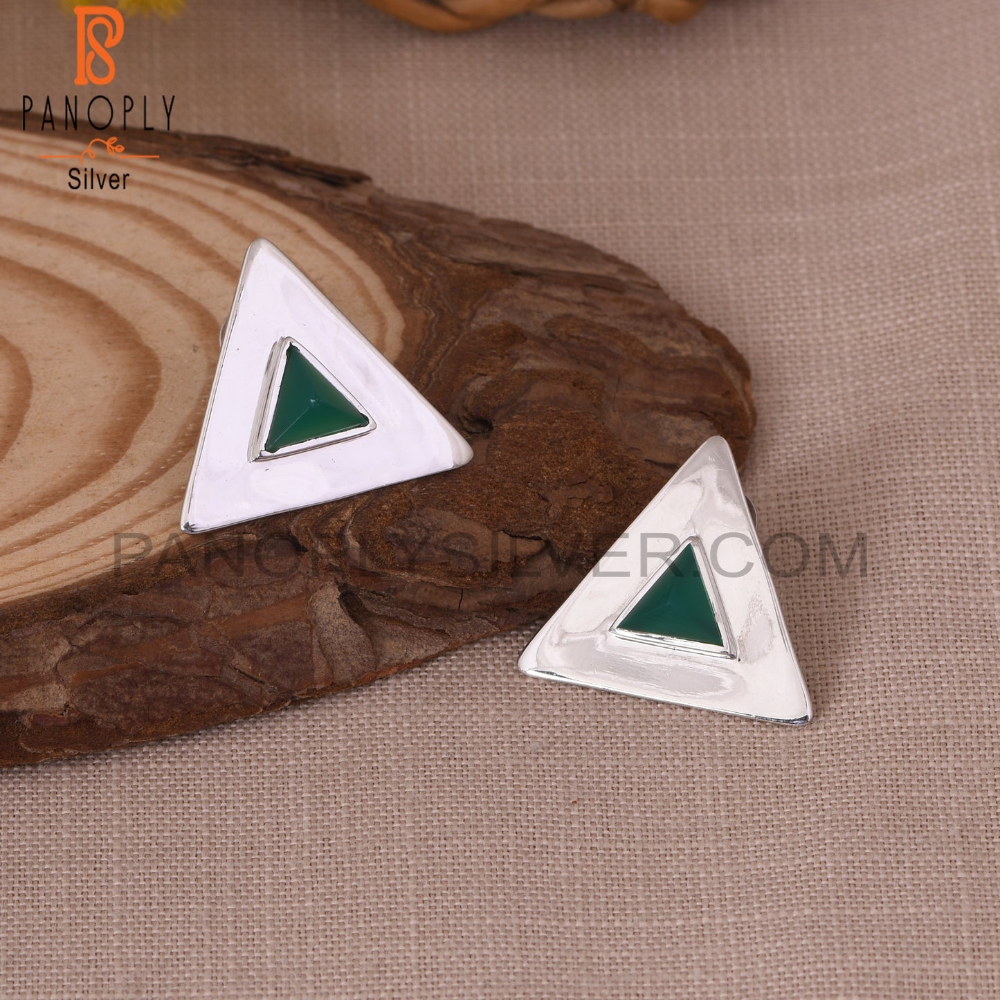 Green Onyx Gem 925 Sterling Silver Triangular Stud Earrings