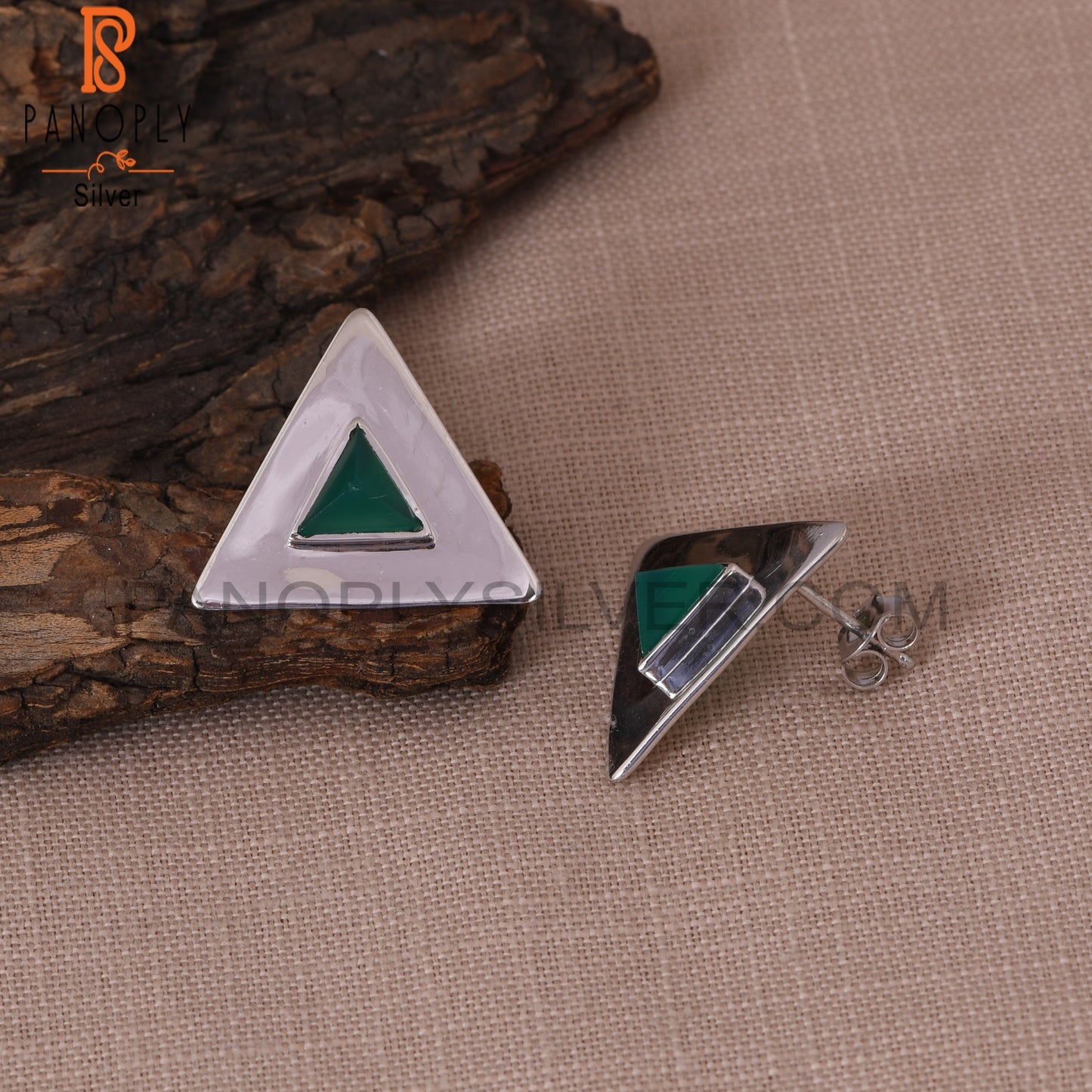 Green Onyx Gem 925 Sterling Silver Triangular Stud Earrings