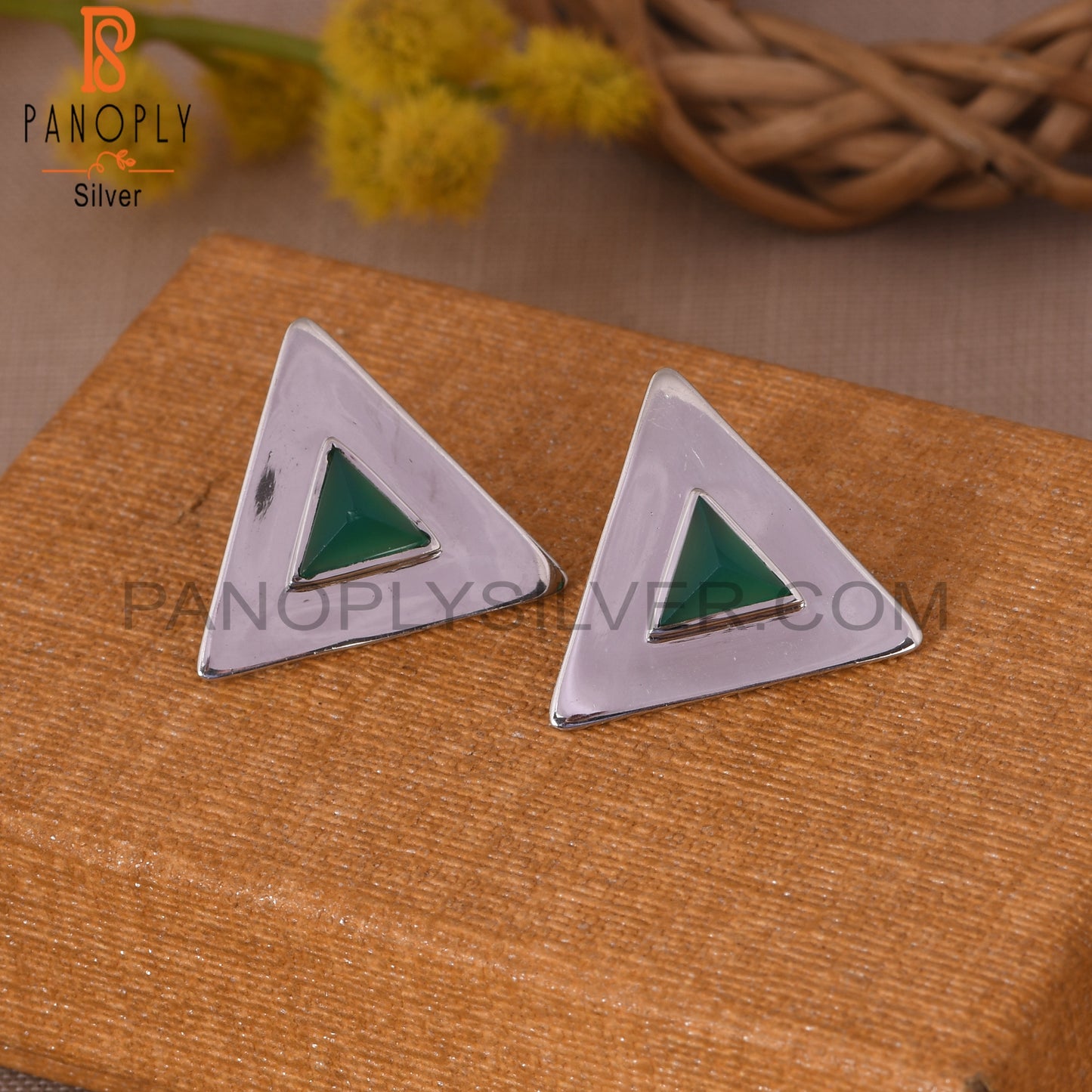 Green Onyx Gem 925 Sterling Silver Triangular Stud Earrings