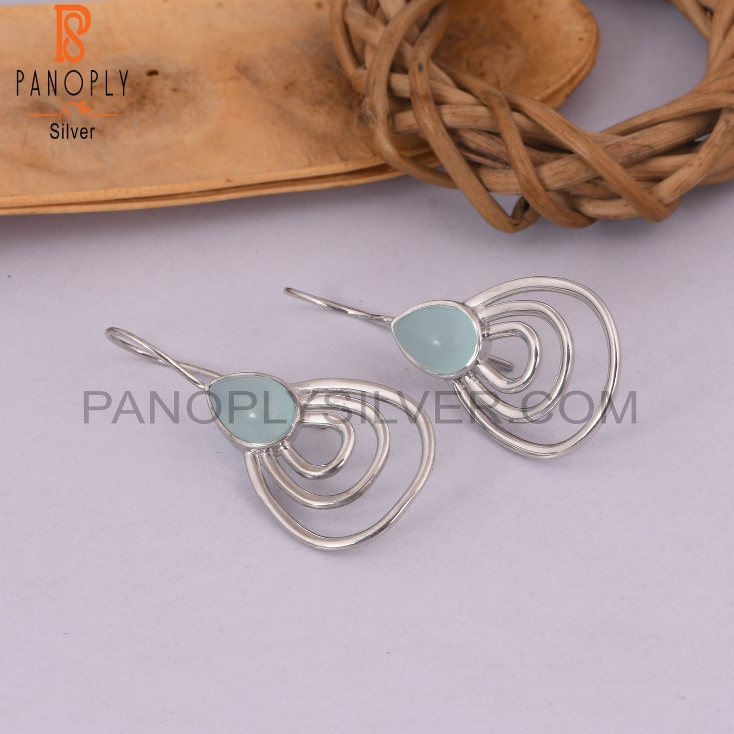 Concentric Hoop Aqua Chalcedony 925 Sterling Silver Earrings