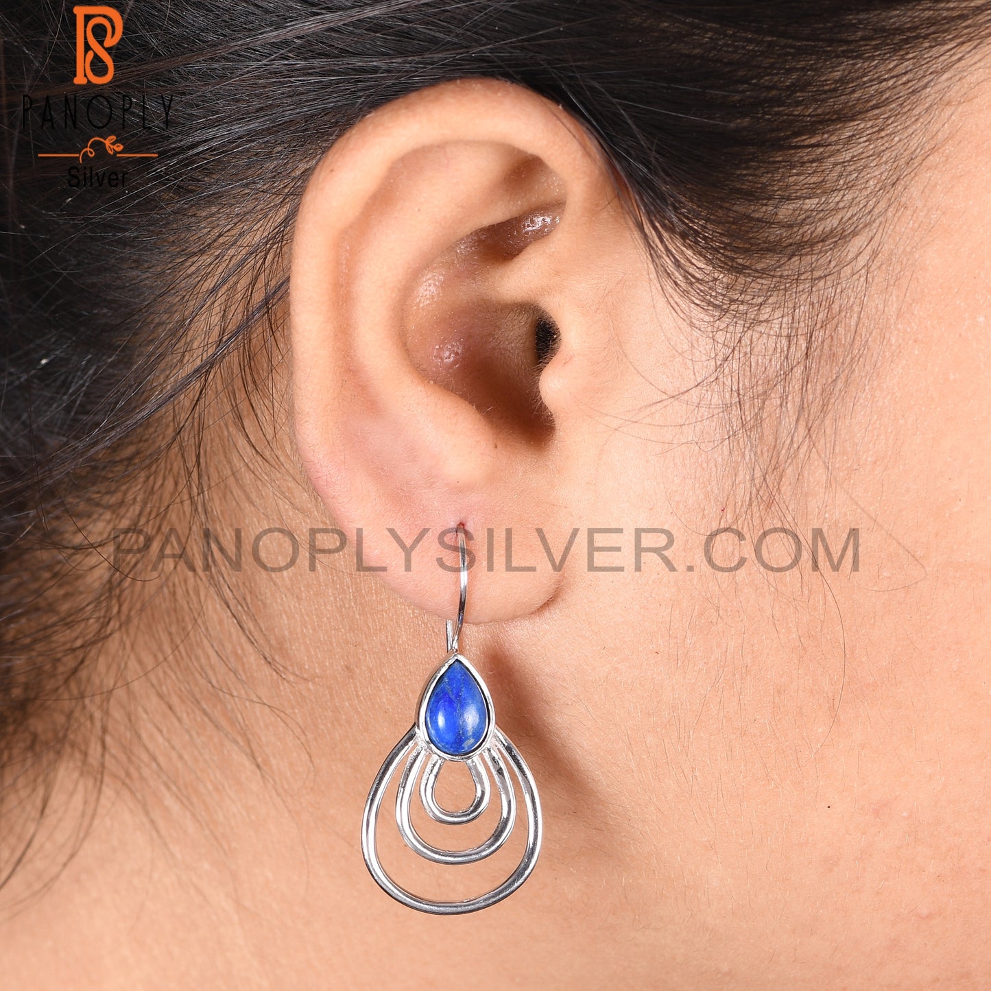 White Rhodium Plated 925 Silver Lapis Concentric Earrings