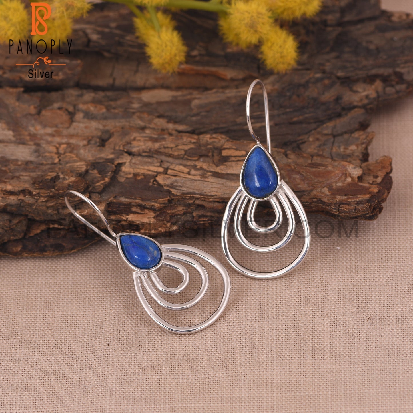 White Rhodium Plated 925 Silver Lapis Concentric Earrings