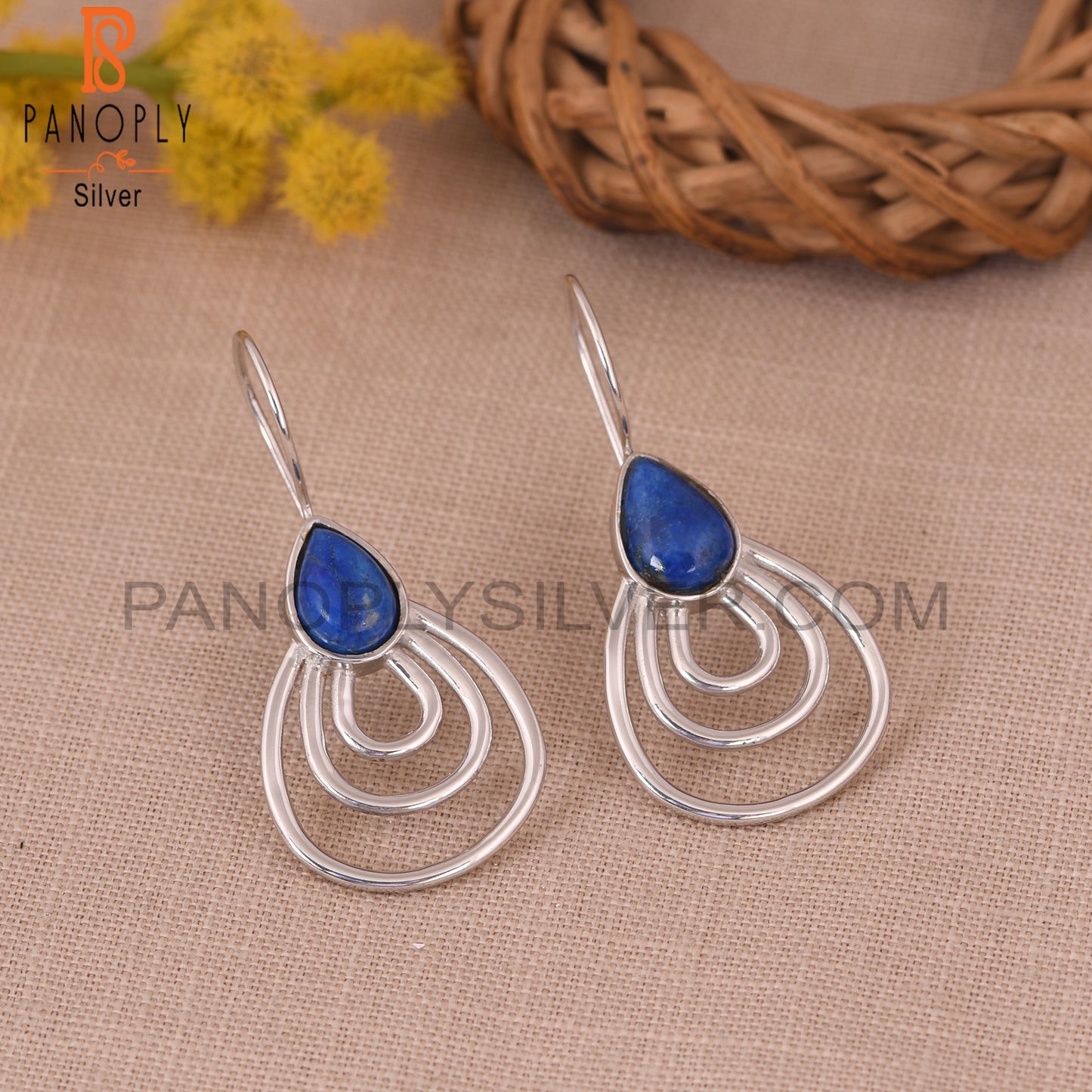 White Rhodium Plated 925 Silver Lapis Concentric Earrings