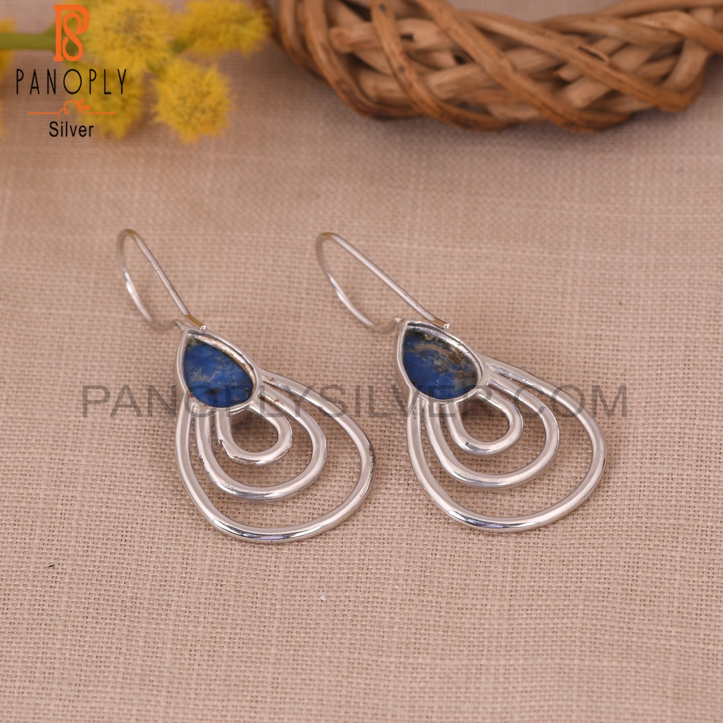 White Rhodium Plated 925 Silver Lapis Concentric Earrings