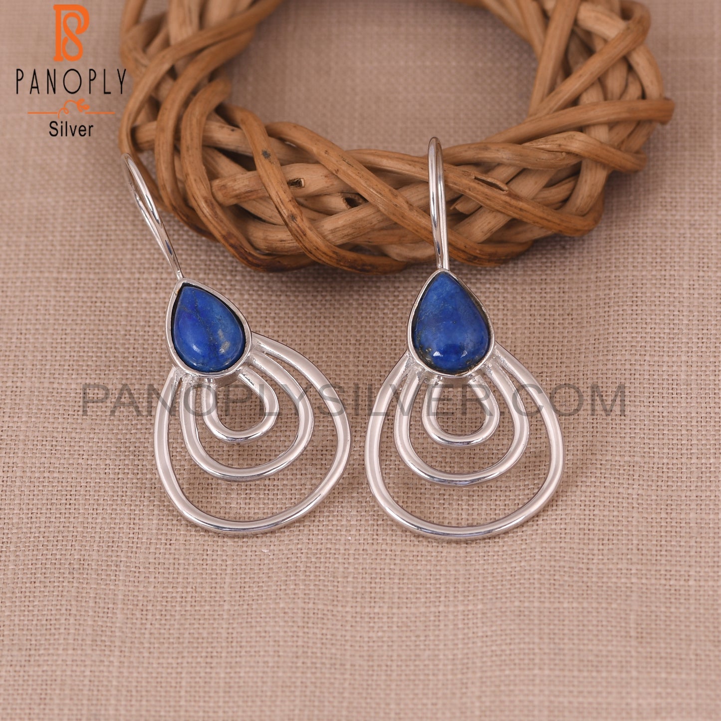 White Rhodium Plated 925 Silver Lapis Concentric Earrings
