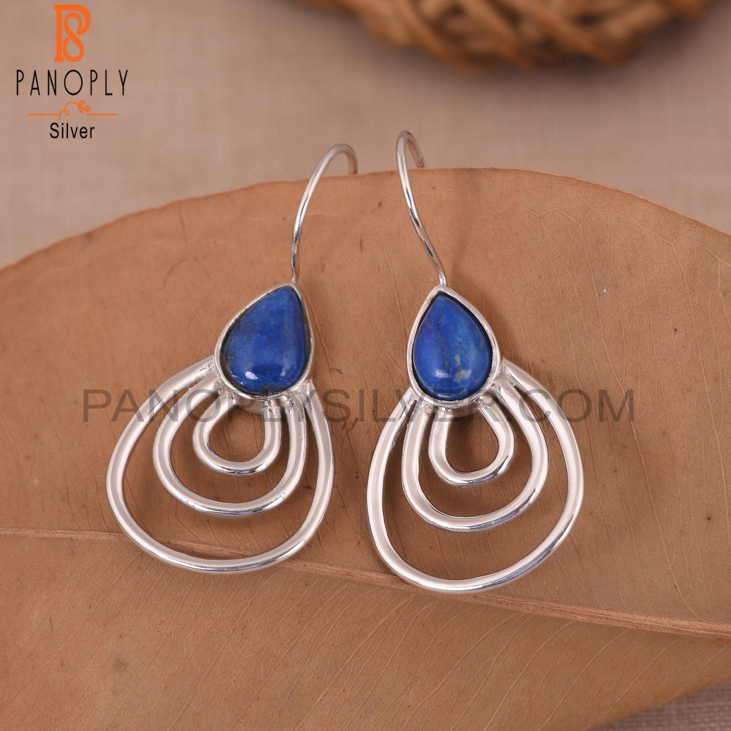 White Rhodium Plated 925 Silver Lapis Concentric Earrings