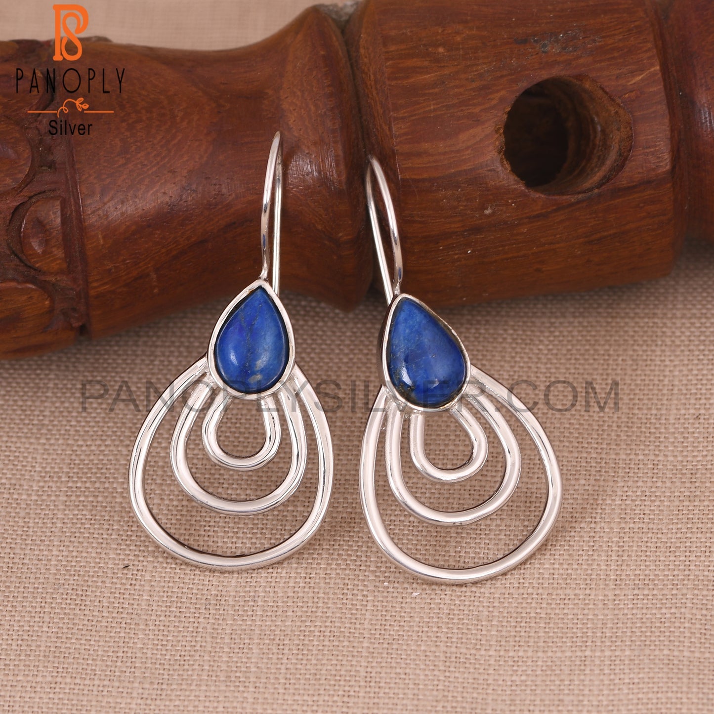 White Rhodium Plated 925 Silver Lapis Concentric Earrings