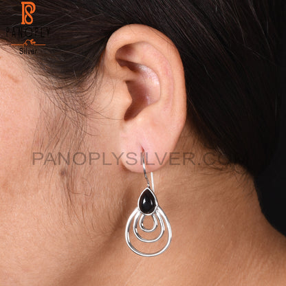 Genuine Black Onyx 925 Silver Concentric Hoop Earrings