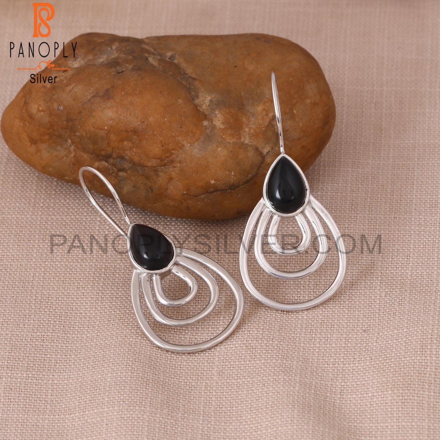 Genuine Black Onyx 925 Silver Concentric Hoop Earrings