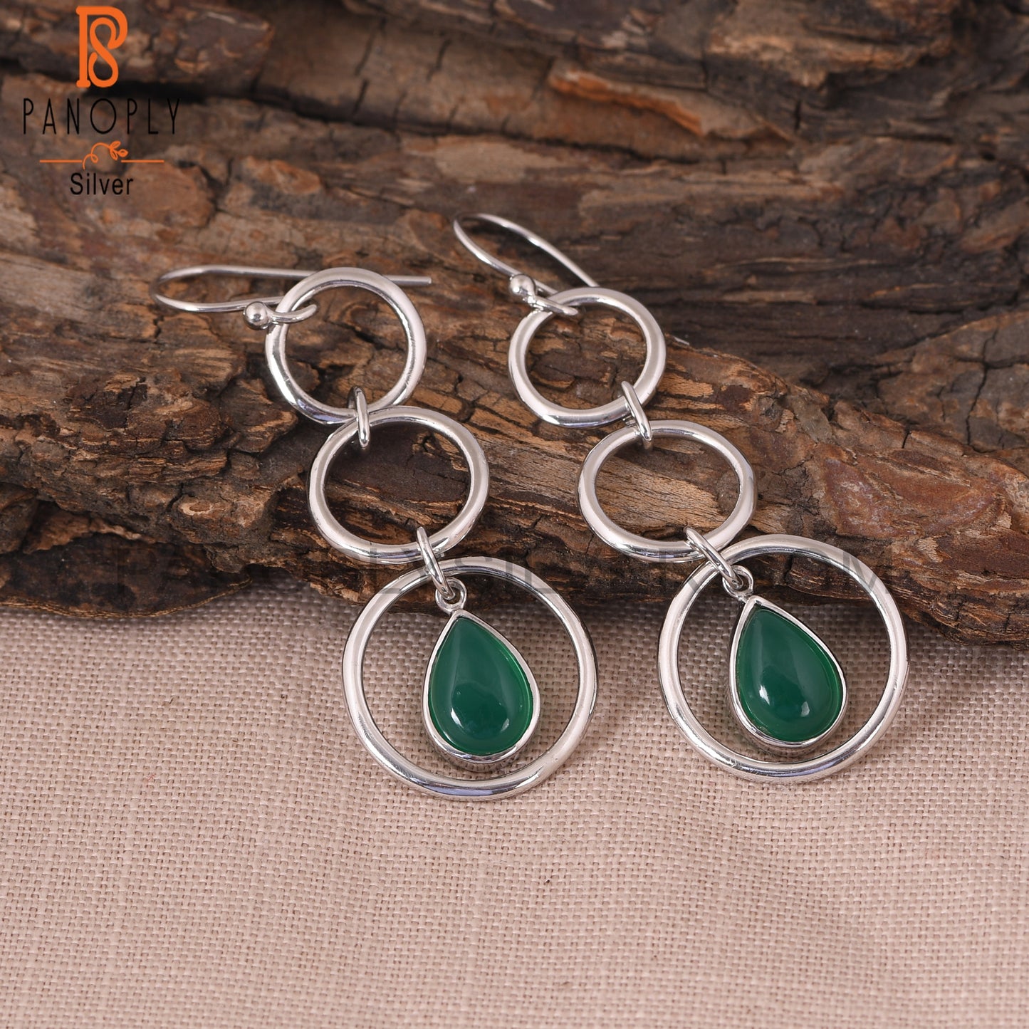 Genuine Green Onyx 925 Starling Silver Circle Earrings