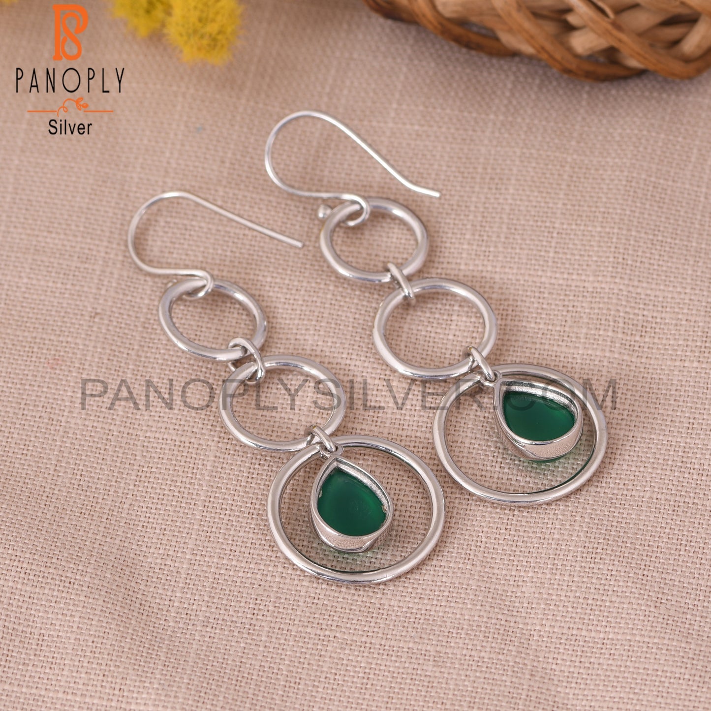 Genuine Green Onyx 925 Starling Silver Circle Earrings
