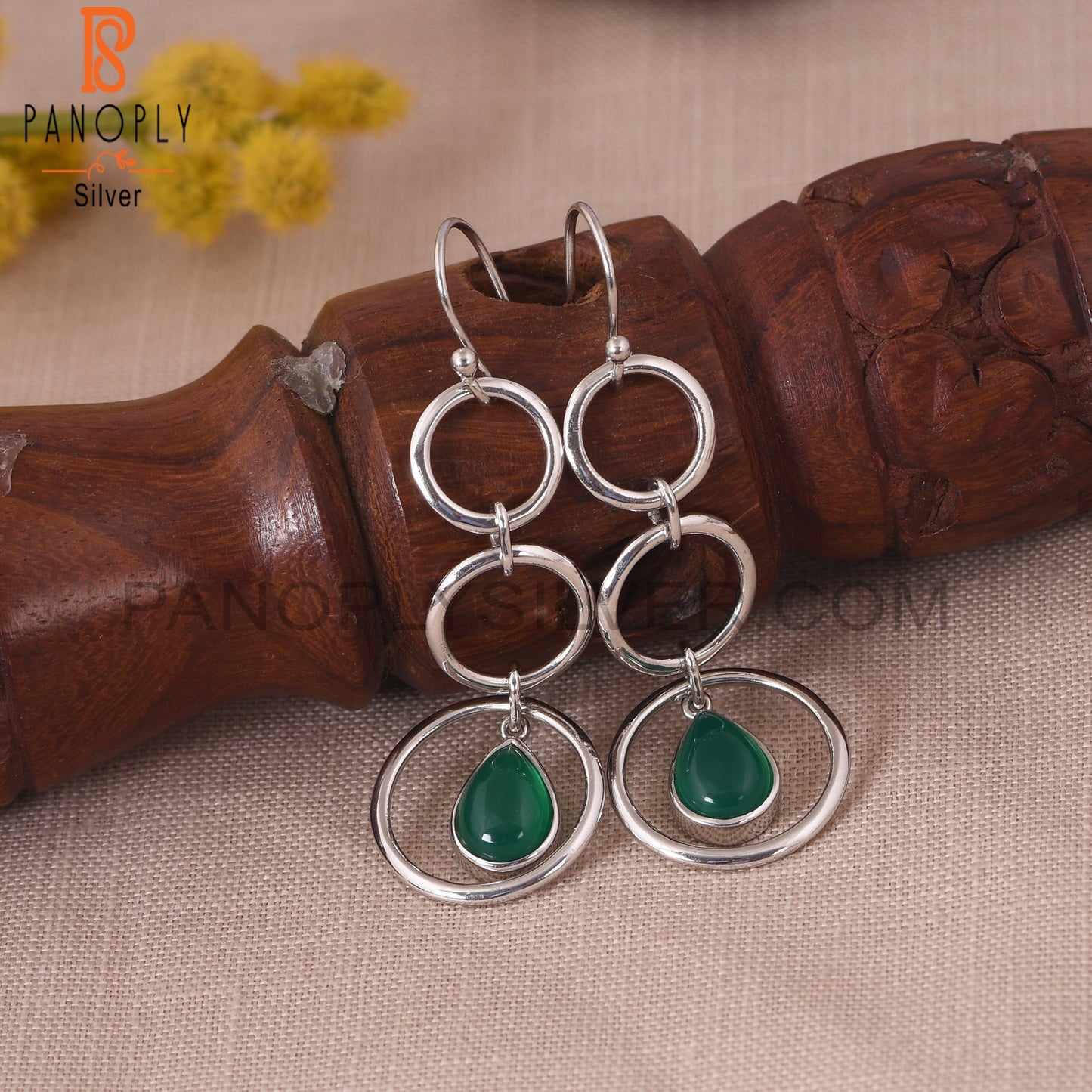 Genuine Green Onyx 925 Starling Silver Circle Earrings