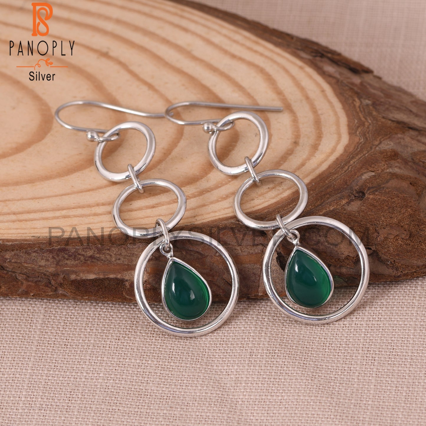 Genuine Green Onyx 925 Starling Silver Circle Earrings