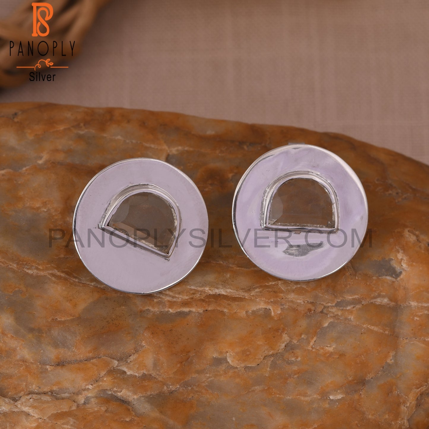 Crystal Quartz 925 Sterling Silver Coin Shape Stud Earrings