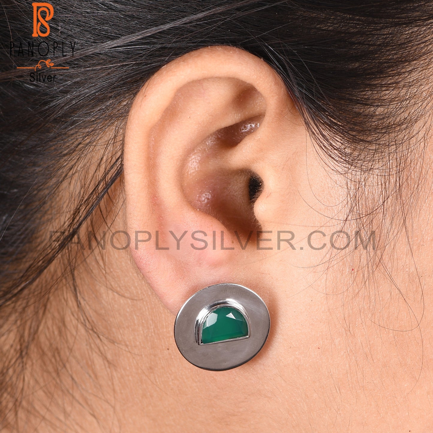 Green Onyx 925 Silver D Shape Stud Earrings For Women