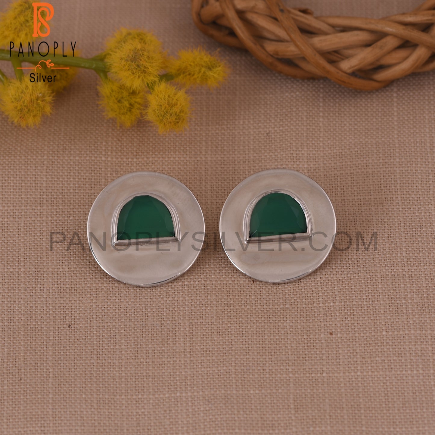 Green Onyx 925 Silver D Shape Stud Earrings For Women