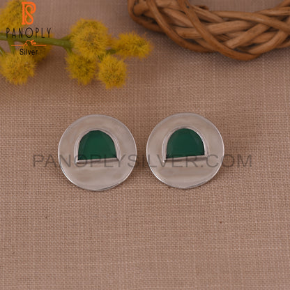 Green Onyx 925 Silver D Shape Stud Earrings For Women