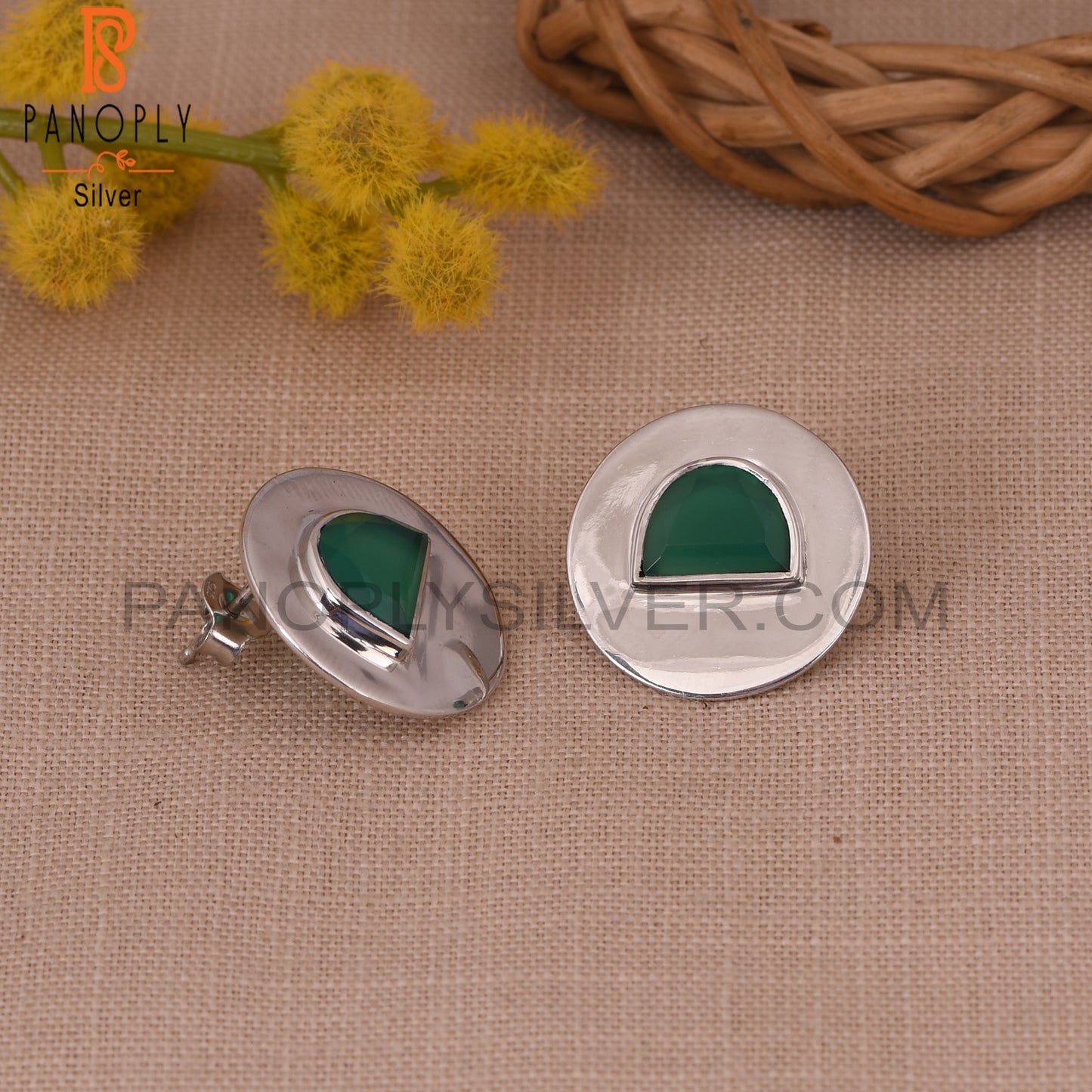 Green Onyx 925 Silver D Shape Stud Earrings For Women