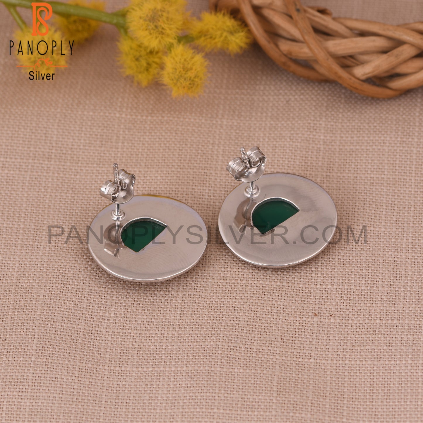 Green Onyx 925 Silver D Shape Stud Earrings For Women