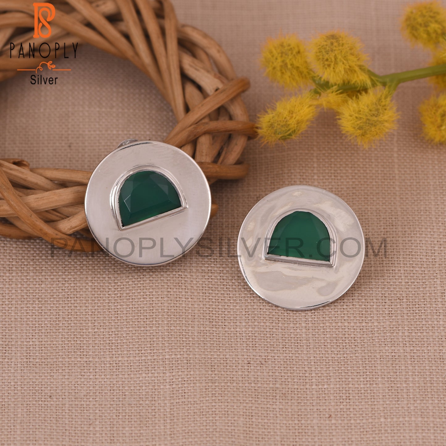 Green Onyx 925 Silver D Shape Stud Earrings For Women