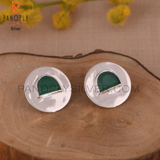 Green Onyx 925 Silver D Shape Stud Earrings For Women