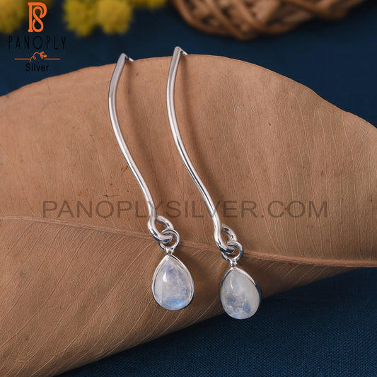Natural Rainbow Moonstone 925  Silver Dangle Hoop Earrings