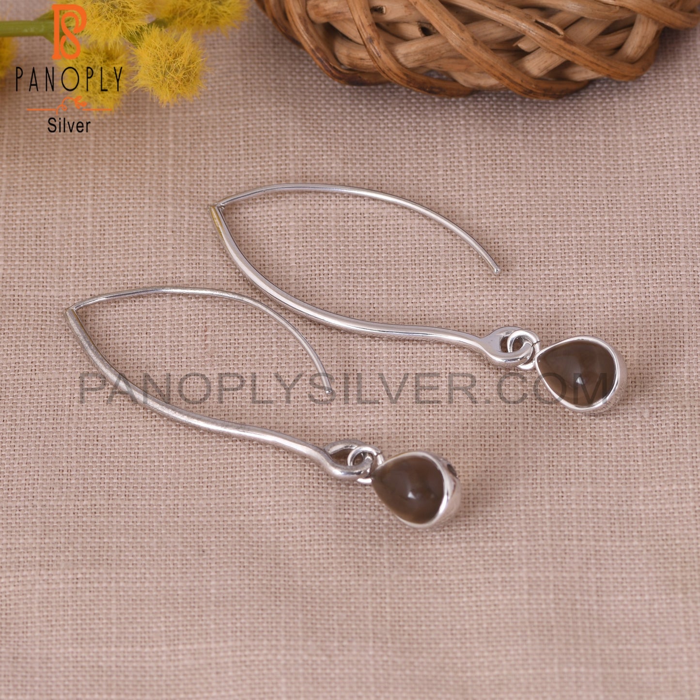925 Silver Smoky Quartz Gemstone Hoop Dangle Earrings