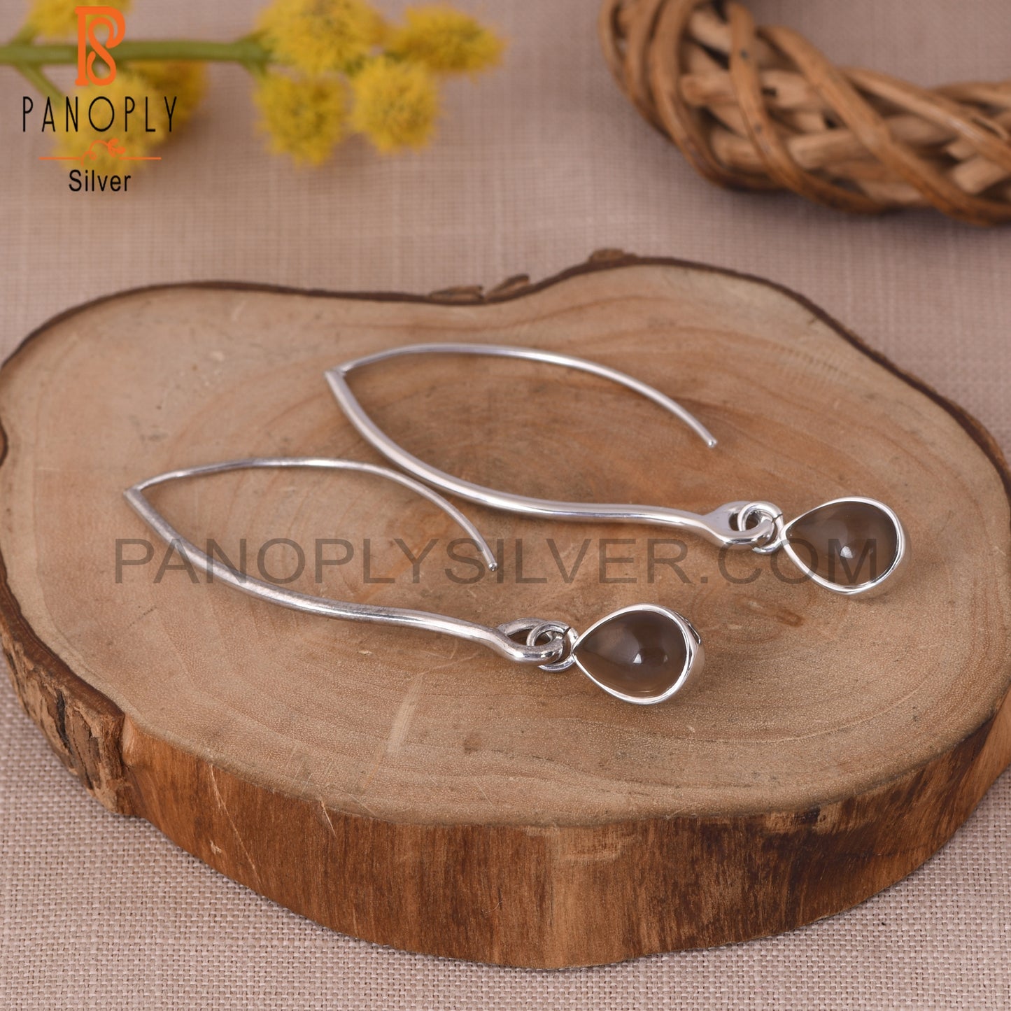 925 Silver Smoky Quartz Gemstone Hoop Dangle Earrings