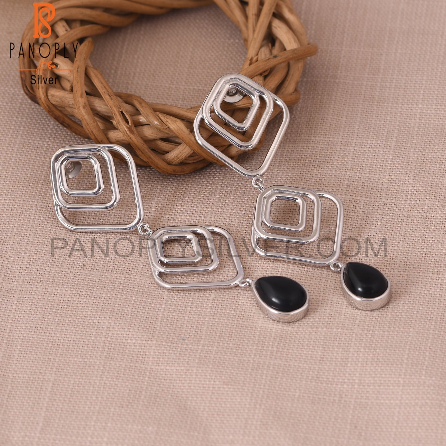 Black Onyx Gemstone 925 Silver White Rhoudim Plated Earrings