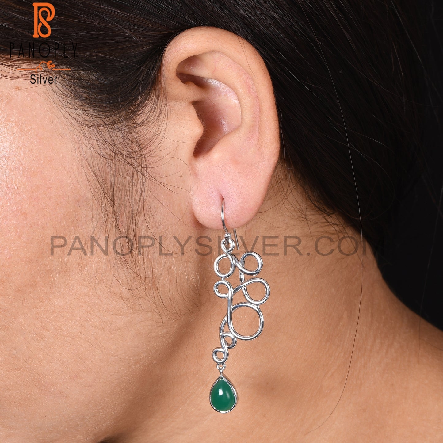 Green Onyx Gemstone Squiggle Long Dangle Earrings