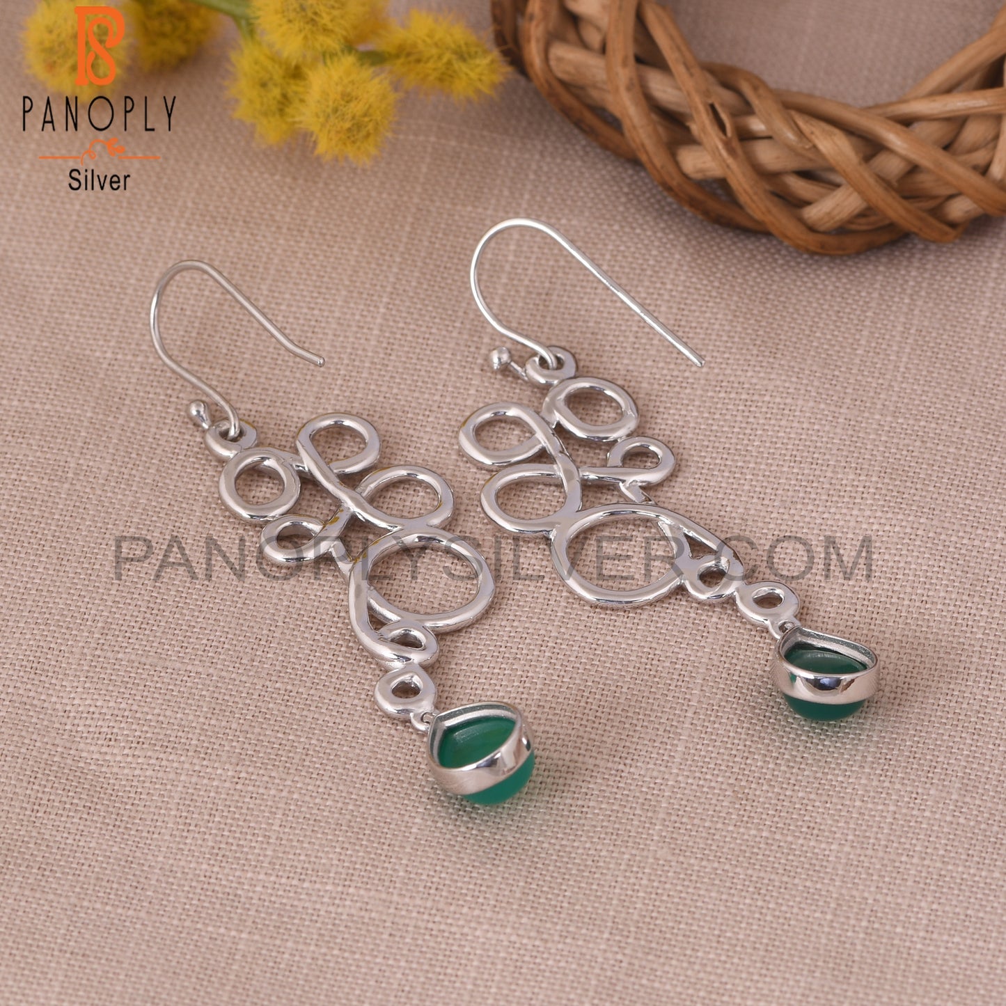 Green Onyx Gemstone Squiggle Long Dangle Earrings