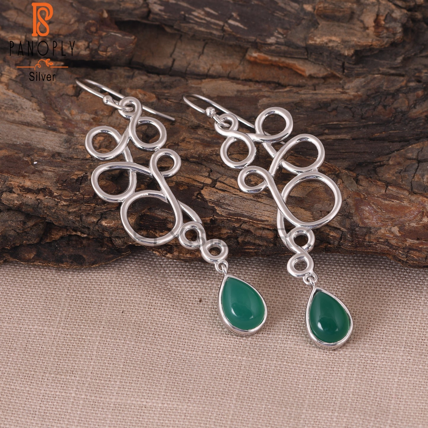 Green Onyx Gemstone Squiggle Long Dangle Earrings