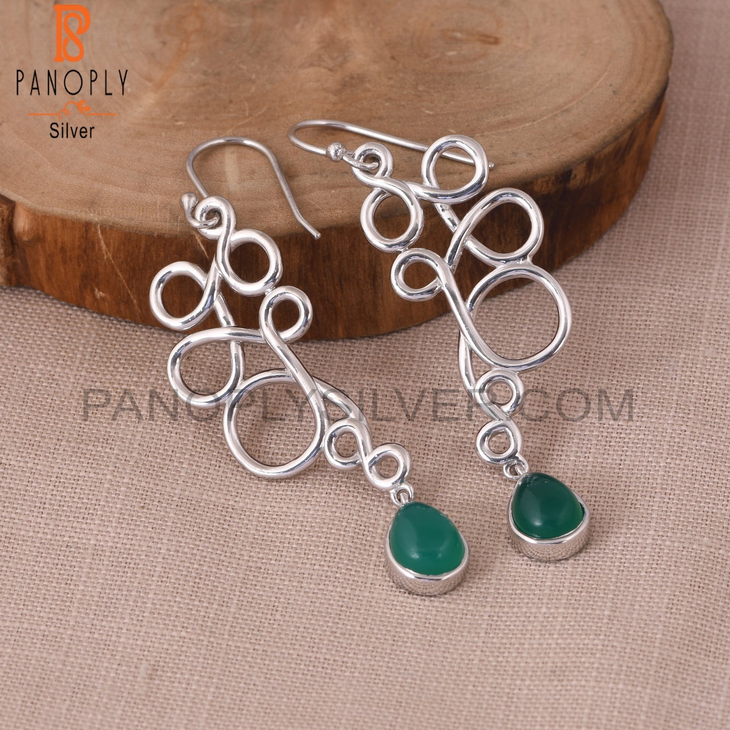 Green Onyx Gemstone Squiggle Long Dangle Earrings