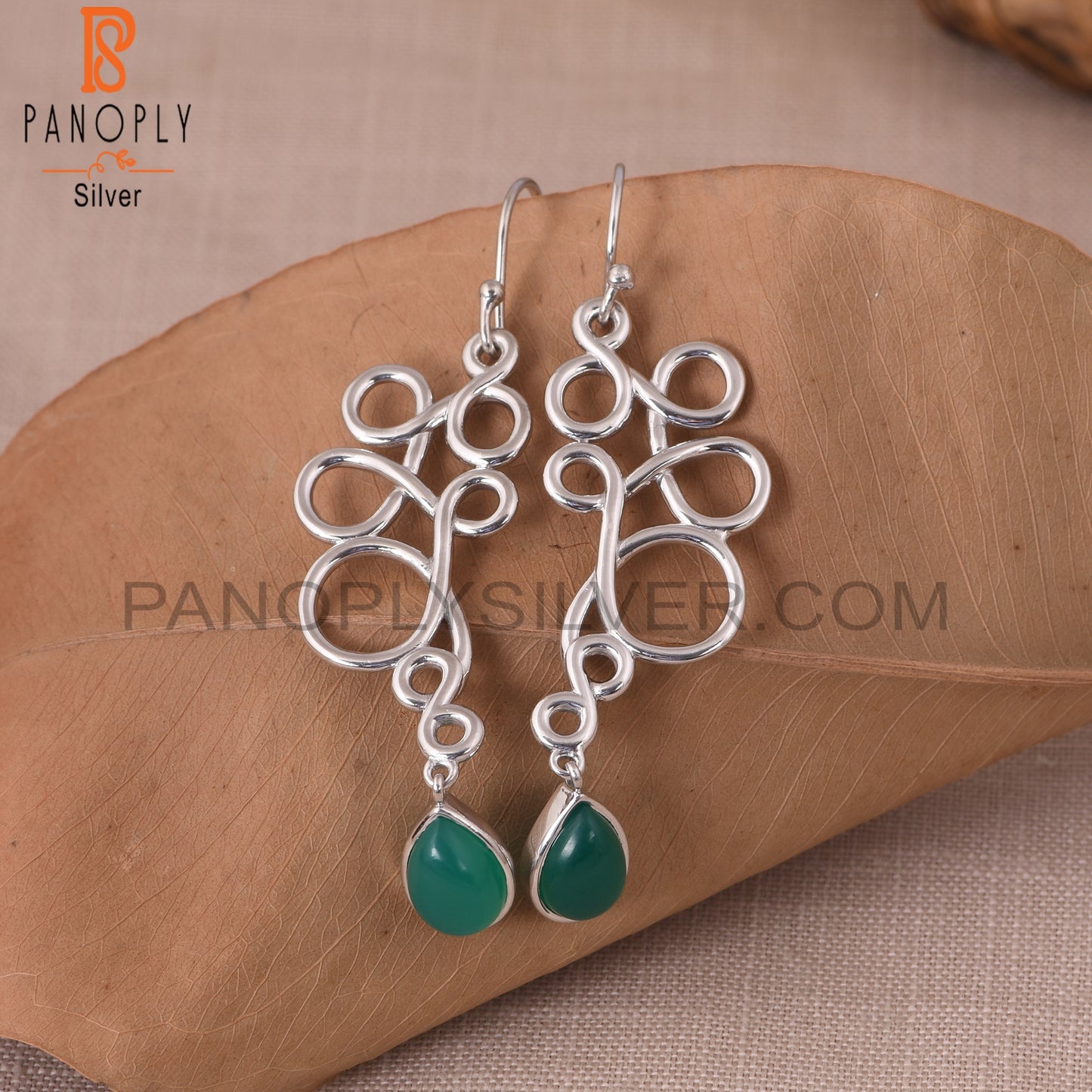 Green Onyx Gemstone Squiggle Long Dangle Earrings
